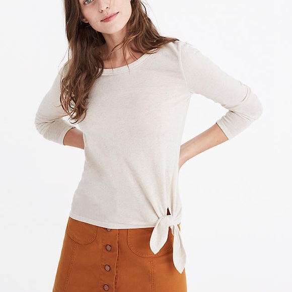Madewell Long Sleeve T Shirt Small Soundcheck Side-Tie Light Tan Cream Top - Picture 1 of 6